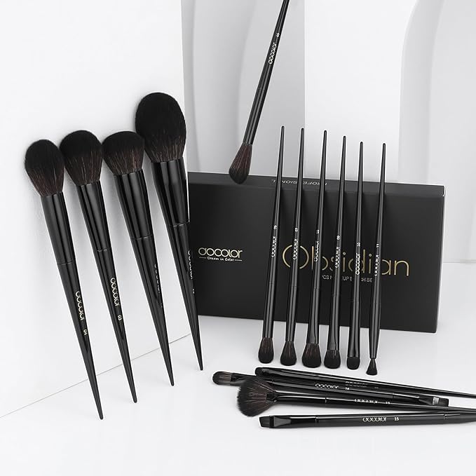 Docolor Makeup Brushes 15Pcs Obsidian Makeup Brush Set Premium Synthetic Powder Kabuki Foundation Contour Blush Concealer Eye Shadow Blending Eyeliner Crease Eyebrow Make Up Brush Kit-Velvo Beauty