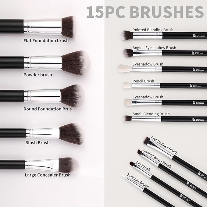 DUcare Makeup Brushes with Bag,15Pcs Makeup Brush Set Christmas Gift Travel Kabuki Foundation Blending Blush Eyeliner Shadow Brow Concealer Brushes Kit Black-Velvo Beauty