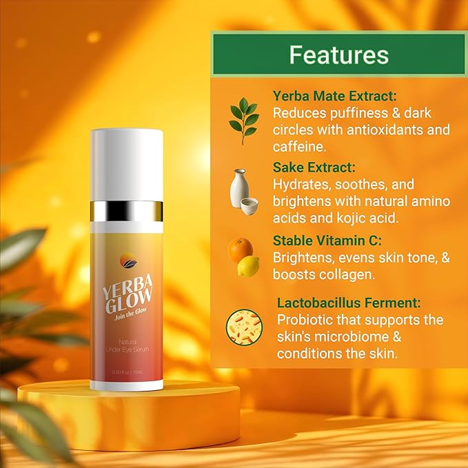 Caffeine Eye Cream – Yerba Glow Natural Under Eye Serum for Dark Circles, Puffiness & Fine Lines – Clean Hydrating Formula with Yerba Mate, Sake & Hyaluronic Acid-Velvo Beauty