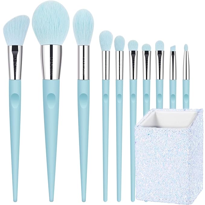 DUcare Makeup Brushes with Holder - 10Pcs Professional Synthetic Make Up Brushes Set for Blush Concealer Foundation Bronzer Powder Eyebrow Contour Eyeshadow Blending Makeup Brush Set, Ice Lake Blue-Velvo Beauty