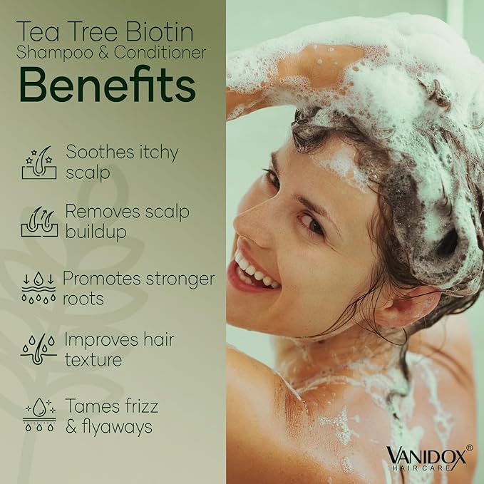 Tea Tree Oil Shampoo and Conditioner Set with Biotin, DHT Blockers, Itchy Scalp Relief, Supports Thicker-Looking Hair, Cleanses Dandruff & Buildup, For Men & Women, Made in USA, 16 fl oz Each-Velvo Beauty