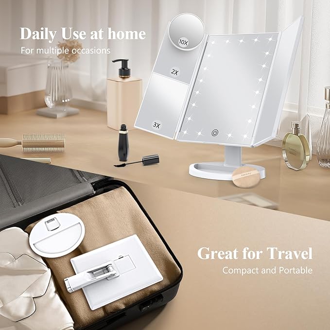 HUONUL Makeup Mirror Vanity Mirror with Lights, 2X, 3X, 10X Magnification, Touch Control, Trifold, White, 9.4" L x 13.4" W, Modern Style, Dresser Mount, Bathroom-Velvo Beauty