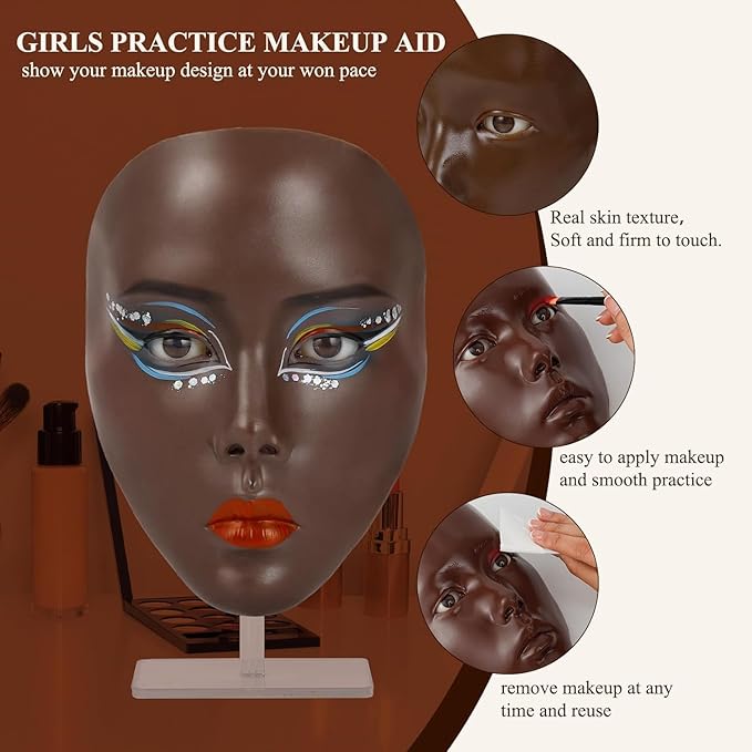 5D Makeup Practice Face Board, Makeup Practice Accessories Set with Face Painting Mannequin Head, Makeup Brushes, Face Painting and 2-in-1 Dual-Ended Eyebrow Pen, Makeup Practice Gift, Dark Brown-Velvo Beauty