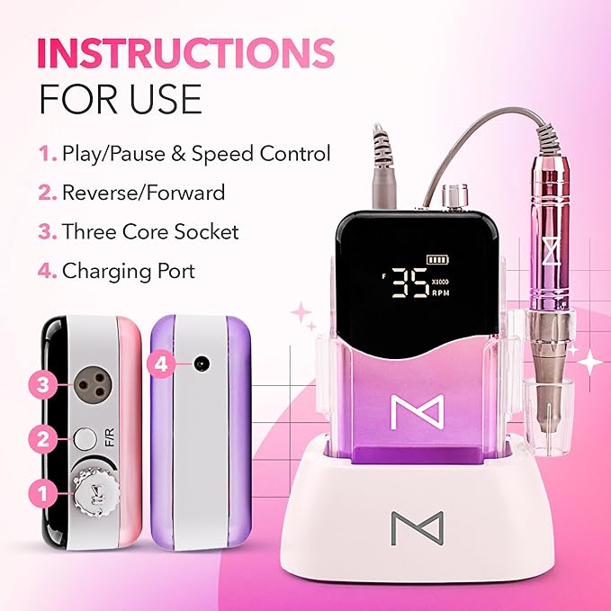 M Mase- Professional Nail Drill Machine - Coreless 2-in-1 Nail File - Electric, Cordless, 35000 RPM, HD Display - Electric Nail Drill for Professional & Home Use (Unicorn Purple)-Velvo Beauty
