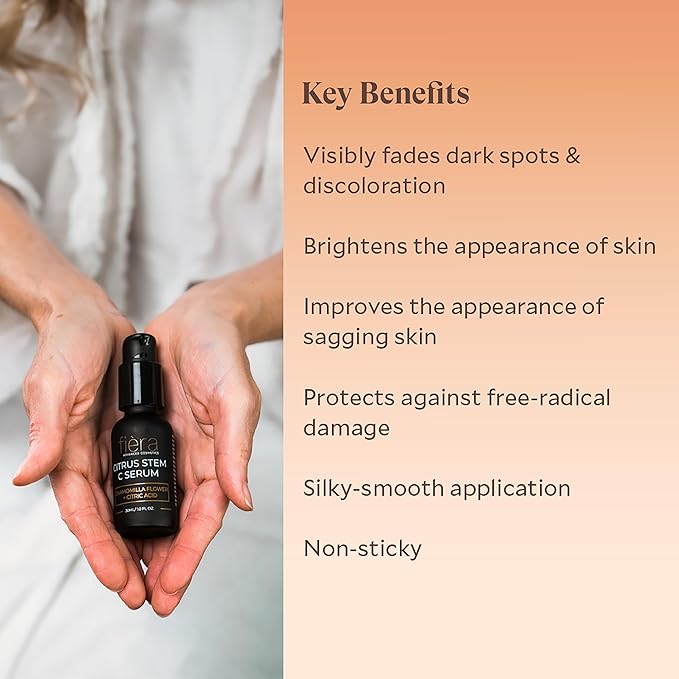 Fièra Vitamin C Serum with Hyaluronic Acid & Citrus Stem Cells - Anti-Aging Brightening, Firming, Hydrating Serum for Mature Skin, Reduces Dark Spots, Fine Lines & Boosts Radiance - 1 FL. OZ. / 30 ML-Velvo Beauty