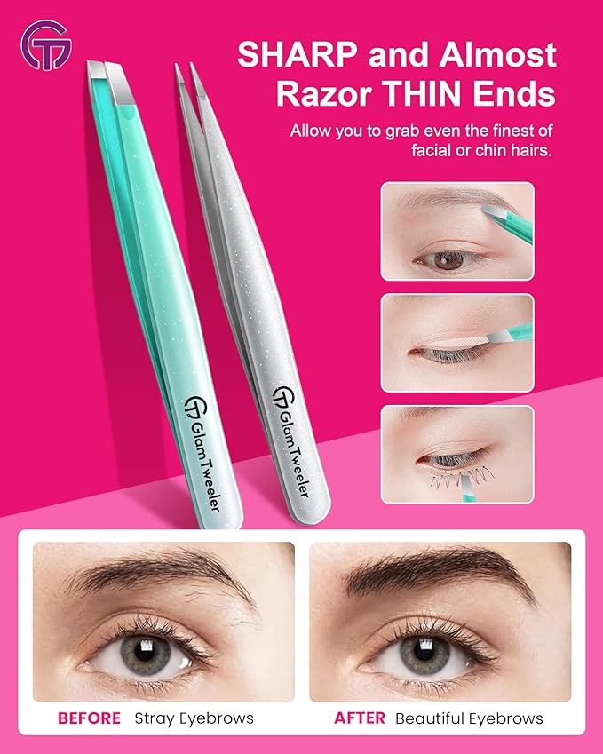 Expert Slant and Point Tip Tweezer Set with Exclusive Storage & Carrying Case, GlamTweeler Sharp & Precision Tweezer Set for Eyebrows, Facial Hairs & Fine Hairs Removal (Sparkle Mint Green + Silver)