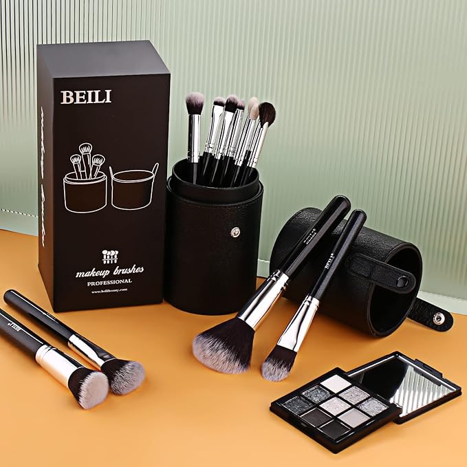 BEILI Makeup Brushes 12pcs Makeup Brushes Set with Holder Premium Synthetic Kabuki Foundation Brush Blending Blush Concealer Full Face Makeup Brushes Kit With Gift Box(Black)-Velvo Beauty