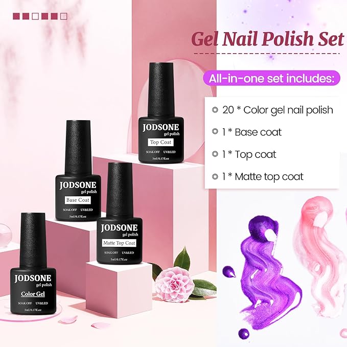 JODSONE 20 Glitter Color Gel Nail Polish Kit 3 Bottles of No Wipe Base Coat Glossy and Matte Top Coat Gel Polish Set High Shine Gorgeous-Velvo Beauty