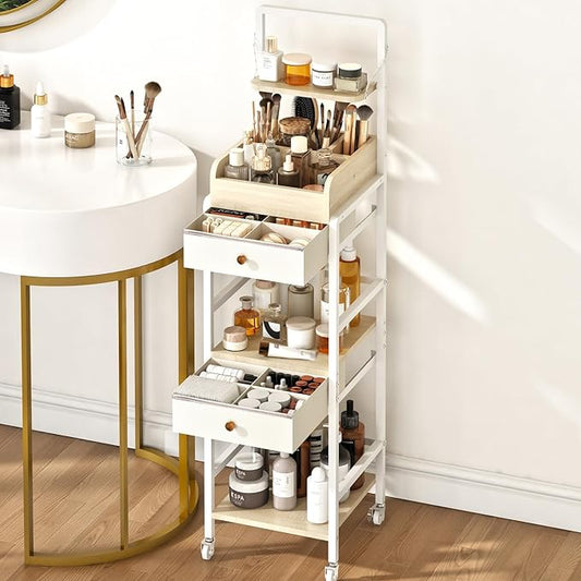 Wisdom Star Makeup Organizer Cart with 2 Drawers, Floor Skincare Organizers, Makeup Storage, Vanity Organizer, Cosmetics Display, Versatile Skin care Perfume Nail Polish Storage Rack for Bathroom-Velvo Beauty