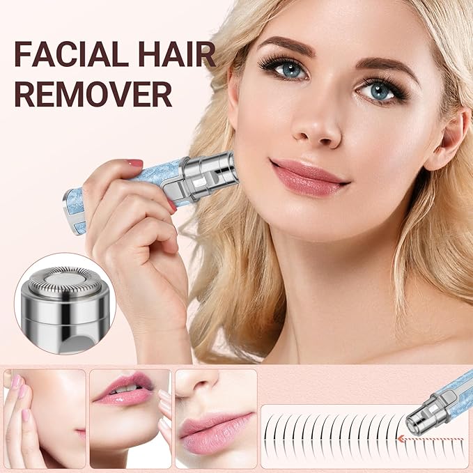 Facial Hair Remover for Face Lip, Electric 2 in 1 Face Shaver and Eyebrow Trimmer, Rechargeable Blue Nose Hair Trimmer for Women with Built-in LED Light-Velvo Beauty