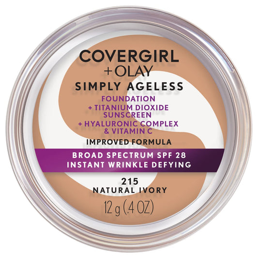 COVERGIRL Simply Ageless Instant Wrinkle Defying Foundation, SPF 28, Hyaluronic Complex & Vitamin C - 215 Natural Ivory, Pack of 1-Velvo Beauty