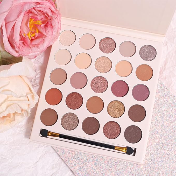 25 Colors Nude Champagne Gold Glitter Matte Shimmer Eyeshadow Palette for Eye Makeup,High Pigmented Brown Eye Shadow Primers Powder Palet de sombras de ojos-Velvo Beauty