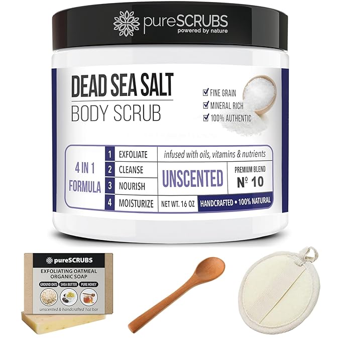 pureSCRUBS Premium Unscented Body Scrub Set - Large 16oz Dead Sea Salt Body Scrub With Infused Essential Oils & Nutrients, Includes Wooden Spoon, Loofah & Oatmeal Exfoliating Bar Soap-Velvo Beauty