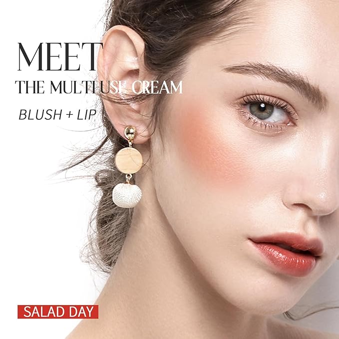 Blush Stick, Cream Blush for Cheeks and Lip Tint, Dewy Finish, Buildable & Blendable Color, Lightweight & Long-Lasting Formula | Salad Day-Coral & Angled Blush Brush(0.53fl.oz)-Velvo Beauty