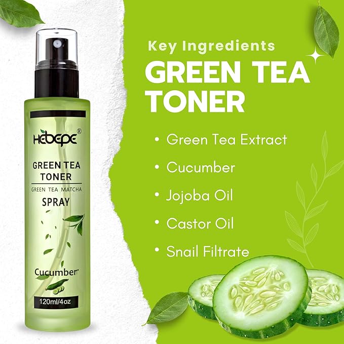 Green Tea Face Mist with Cucumber 4 oz, Matcha Facial Toner Spray Hyaluronic Acid for All Skin, Hydrating Soothing Reduces Redness Cooling After-Sun for Women Men, Alcohol-Free-Velvo Beauty