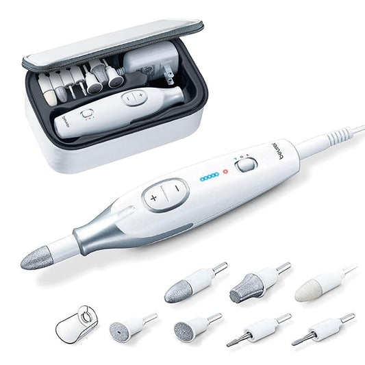 Beurer MP42 Nail Drill, 7-in-1 Nail Kit with Strong Sapphire Nail Drill Bits, Electric Nail File and Nail Buffer Includes Bright LED Light, Pedicure Kit and Manicure Set with Storage Case-Velvo Beauty