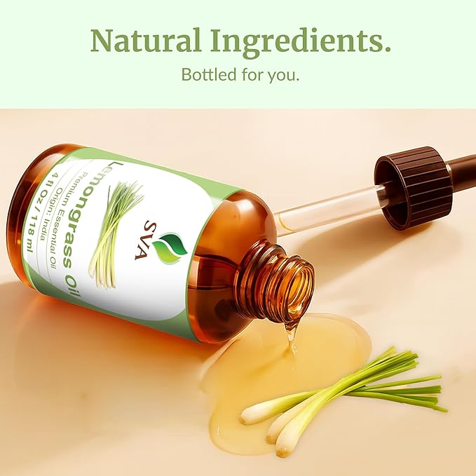 SVA Lemongrass Essential Oil – 4 Fl Oz – 100% Natural Lemongrass Oil - for Diffuser, Hair Care, Face, Skin Care, Aromatherapy, Scalp and Body Massage, Soap and Candle Making - with Dropper-Velvo Beauty