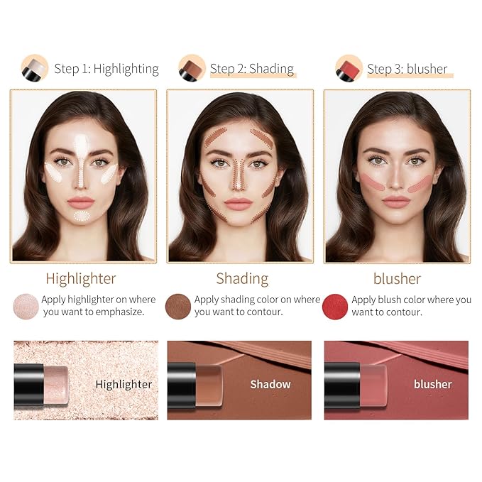 3Pcs Cream Contour Stick, with Highlighter Stick Bronzer Stick Blush Stick, Face Contour Stick Highlighter Makeup with Makeup Brush and Sponge for Sculpt the Cheeks, Long Lasting, Waterproof-Velvo Beauty