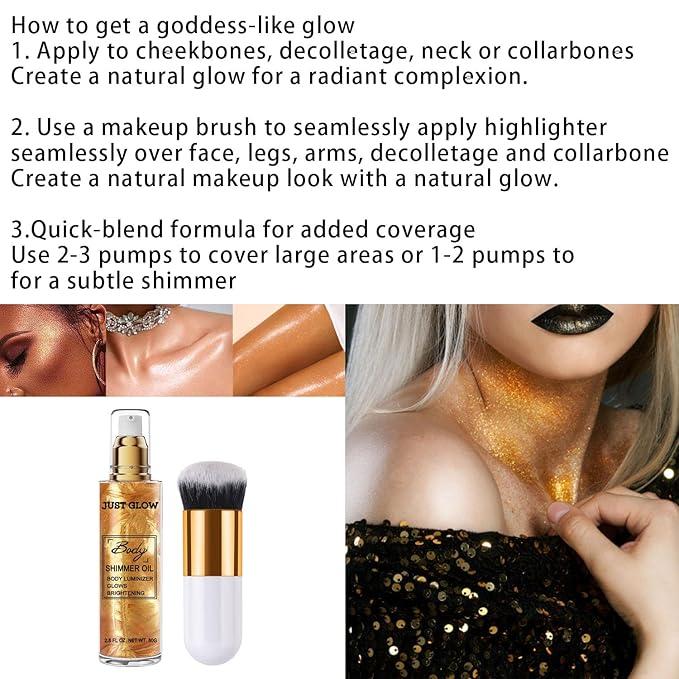 Shimmer Body Oil, Face and Body Liquid Luminizer Waterproof Moisturizing, Light Shimmer Glow Illuminator, Smooth Body Highlighter Makeup Liquid Body Shimmer (2# Gold)-Velvo Beauty