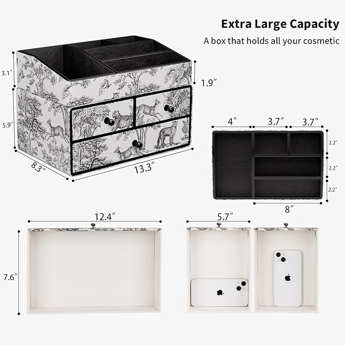 GORESE Leather Makeup Organizer with 3 Drawers for Vanity, Stackable Skincare Holder Dresser Organizer Countertop, Make Up Storage Organizers Counter Cosmetic Display Case Gift for Women(Retro Black)-Velvo Beauty