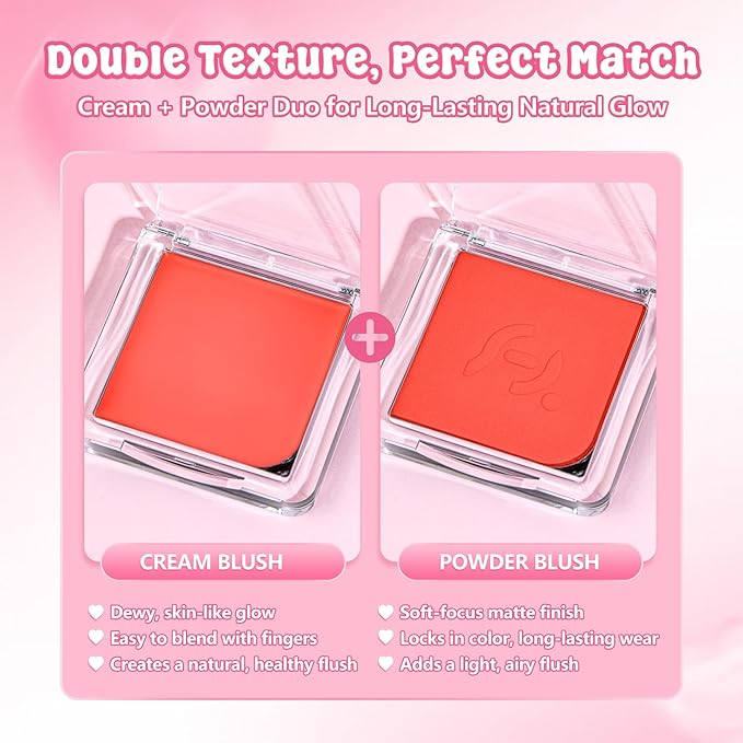 Blush Palette Duo – Cream & Powder Blush Set in Orange Red, Long-Wearing & Moisturizing, Easy to Blend, Radiant Coverage for Cheeks, Eyes & Lips, Magnetic Palette Compatible (2-Pack, Cherry Rush)-Velvo Beauty