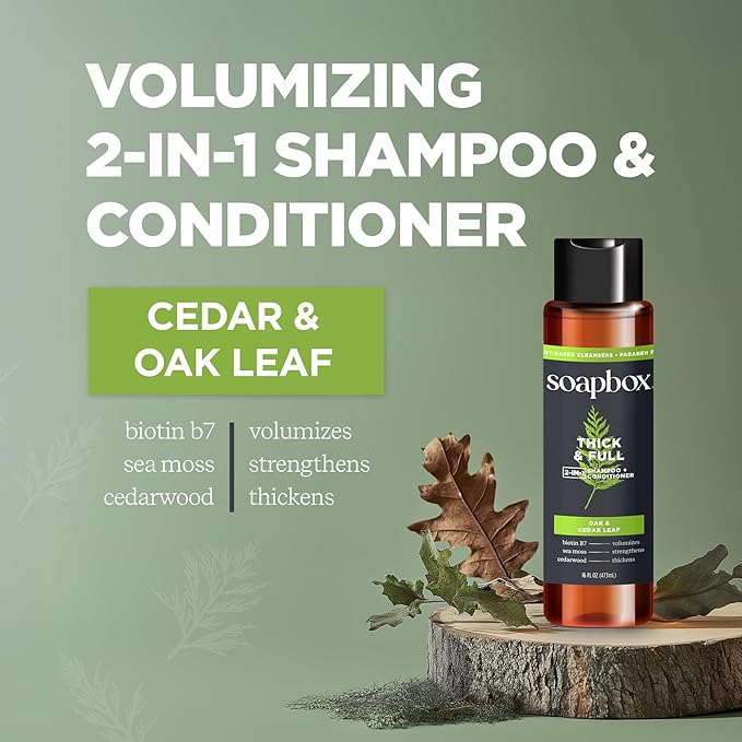 Soapbox Men's Thick and Full 2 in 1 Shampoo and Conditioner Men, Natural Mens Shampoo and Conditioner, Oak & Cedar Leaf, 16oz-Velvo Beauty
