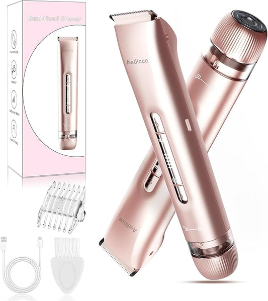 Bikini Trimmer for Women 2 in 1, Dual Head Womens Electric Shaver, Electric Razors for Pubic Hair, IPX7 Waterproof Rechargeable Facial Hair Removal for Shaving Underarm Leg Arm Body Face, Rose Gold-Velvo Beauty