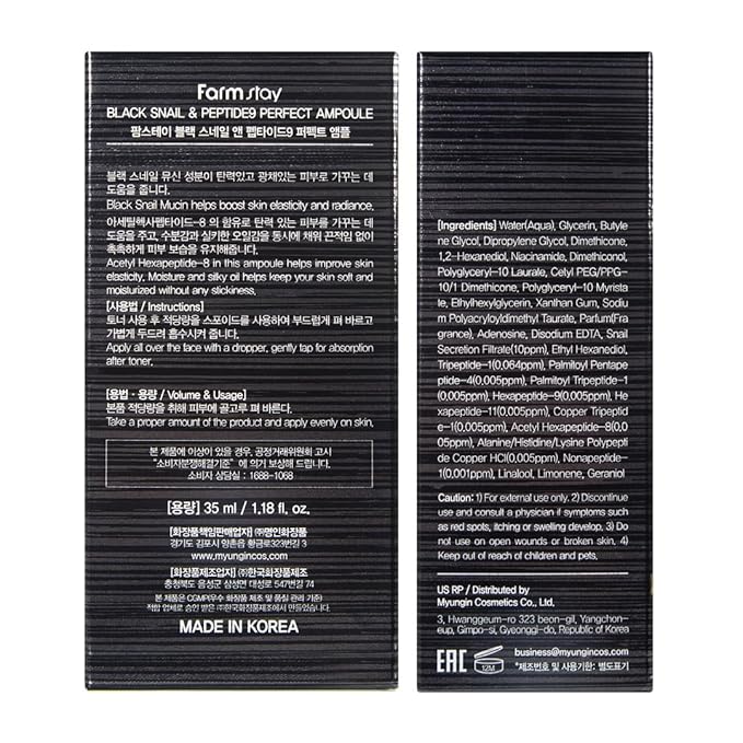 Farmstay Black Snail & Peptide9 Perfect Ampoule, Korean Snail Mucin Serum for Elastic & Glow Skin, Boosting Radiance & Repairing Skin Barrier Serum, for Women & Men, Korean Skin Care, 1.18 Fl. Oz.-Velvo Beauty