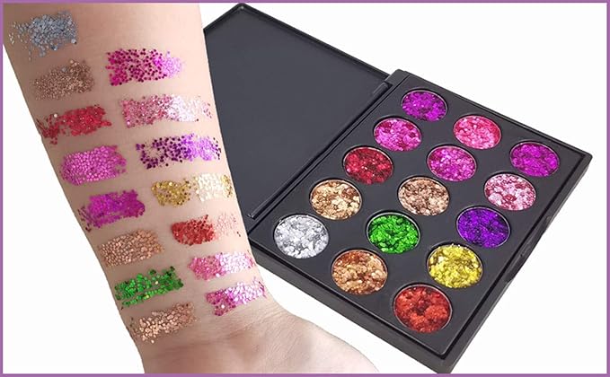 evpct 15 Color Shimmer Glitter Sparkle Glittery Eyeshadow Makeup Palette Pallet Glitter for Girl Pink Silver Red Rose Green Sparkling Sparkly Glitter Gel Pigment Eyeshadow Face Paint Makeup Palette-Velvo Beauty