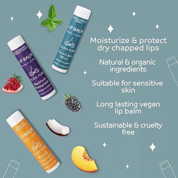 Fruit Mint Lip Balm Collection, Vegan Lip Balm Set, Bees Wax Free, Coconut Oil Free, Avocado Oil, Organic Jojoba Oil, Vitamin E, Natural Moisturizer For Dry Cracked Lips, 3 Tube Set-Velvo Beauty