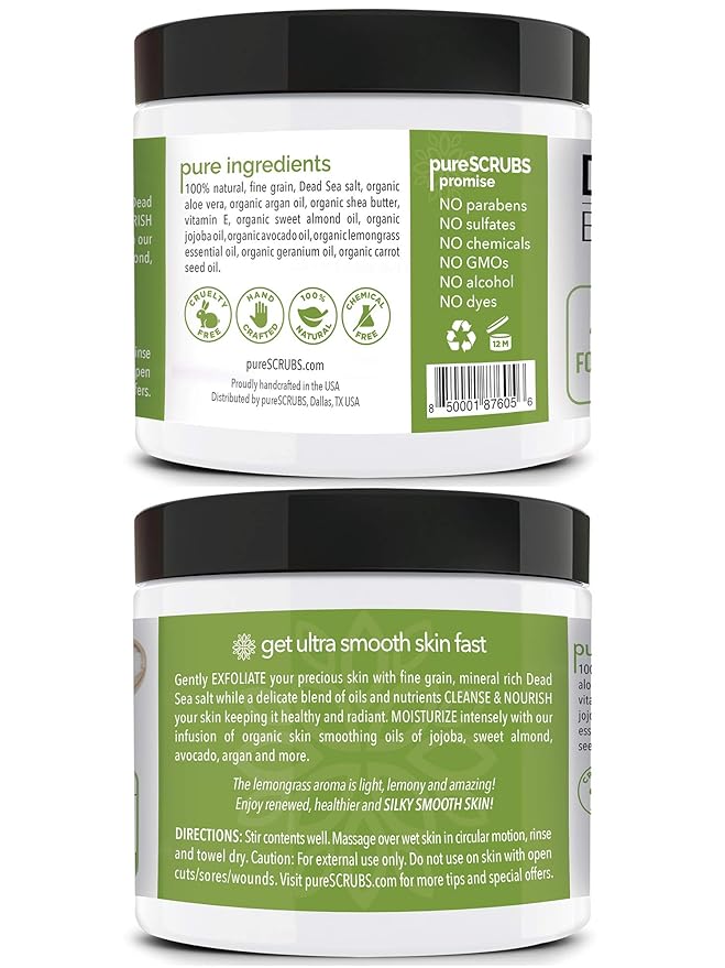 pureSCRUBS Premium Lemongrass Dead Sea Salt Body Exfoliator Scrub, Full Exfoliating Body Scrubber - Large 16oz Jar, Filled With Essential Oils, Includes Spoon, Loofah & Exfoliating Skin Soap-Velvo Beauty