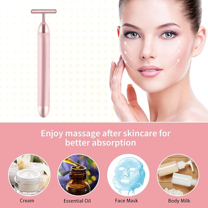 2 Pack T Shape Face Massager Beauty Bar Golden & Pink Facial Massager, Portable Electric Vibration Face Neck Body Massager for Firming Lifting Anti Aging Skin Tightening Wrinkle Reducing-Velvo Beauty