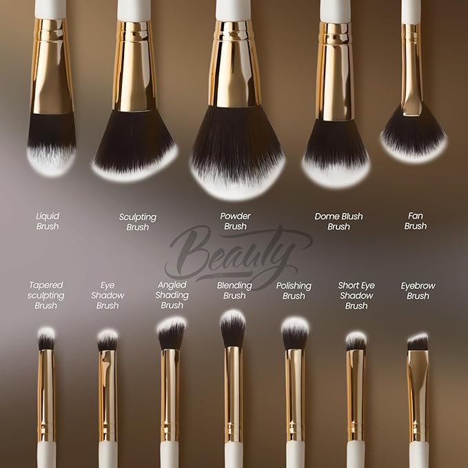 Makeup Brushes Set 12 Piece Professional & Beginner Friendly, Soft Synthetic Bristles for Face Eyeshadow Blending, Easy to Clean Travel Ready with Case, Ergonomic Wooden Handle Hypoallergenic (White)-Velvo Beauty