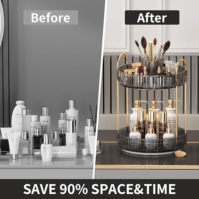 360° Rotating Makeup Organizer, Large-Capacity Skincare Make Up Storage 2 Tier Perfume Organizers Cosmetic Dresser Organizer with Makeup Brush Holder, Fits Bedroom, Bathroom, Vanity Shelf Countertop-Velvo Beauty