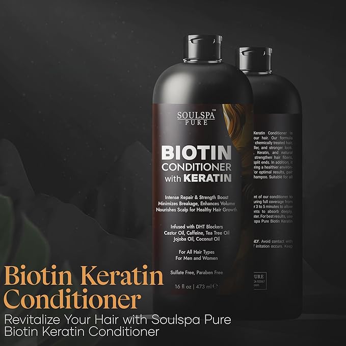 Biotin Conditioner with Keratin - Intense Repair & Strength Boost Formula - Nourishes Scalp for Healthy Hair Growth, with Tea Tree Oil & DHT Blockers, for Men & Women, 16 fl oz - SOULSPA PURE-Velvo Beauty