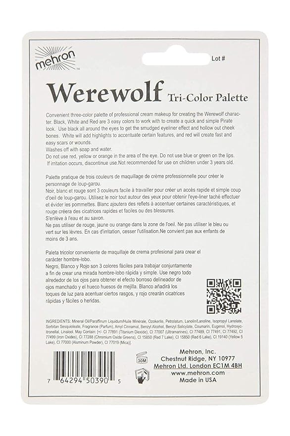 Mehron Makeup Tri-Color Character Makeup Palette | Halloween, Special Effects and Theater Cream Makeup FX Palette | Face Paint Makeup .7 oz (20 g) (WEREWOLF)-Velvo Beauty