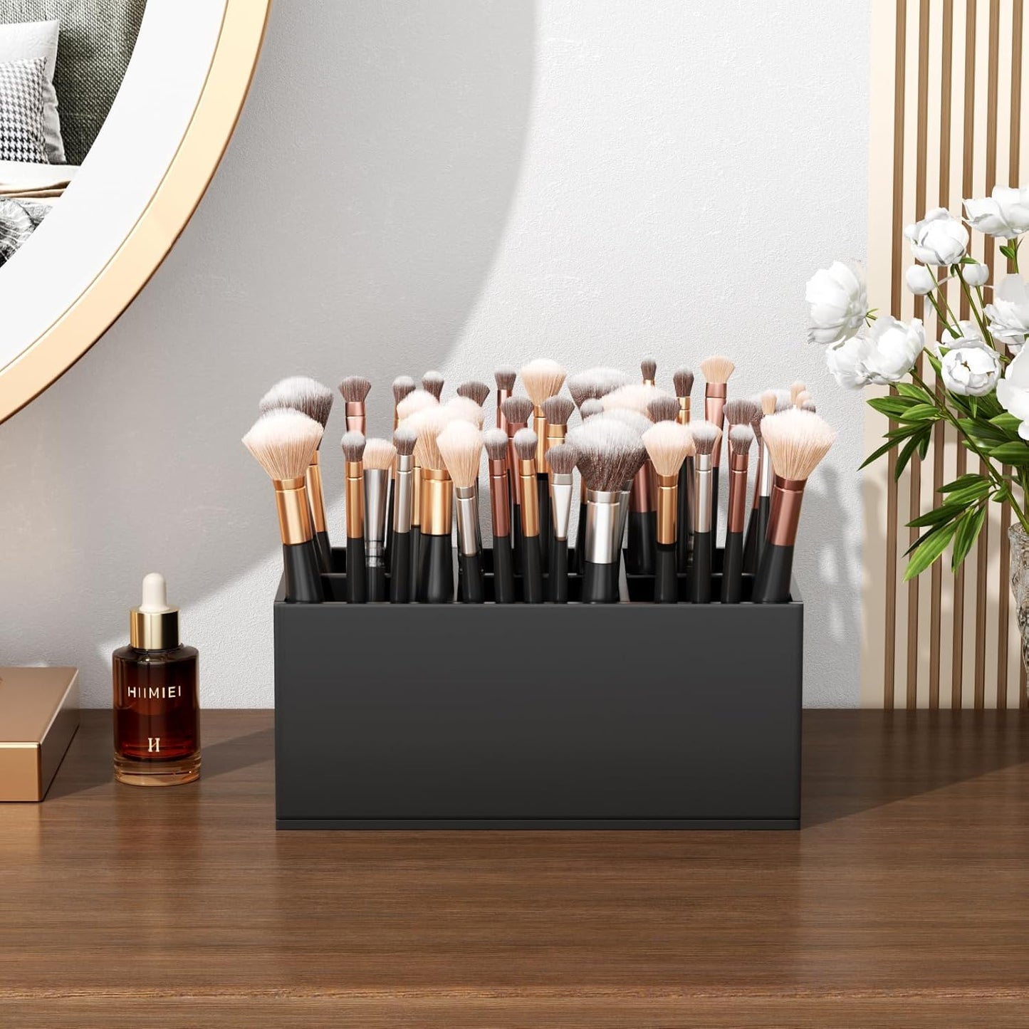 HIIMIEI Black Makeup Brush Holder Organizer Acrylic 6-Slots Cosmetic Brushes Storage Organizer for Vanity Countertop-Velvo Beauty