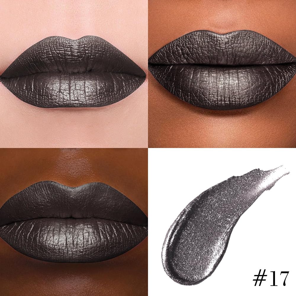 Kaely 2-in-1 Black Coal Metallic Lipstick and Lip Liner, Shimmer Liquid Metallic Lipsticks for Women, Glitter Lip Gloss Stain Long Lasting Waterproof Smudge Proof 24 Hour, Vegan Makeup, 17-Velvo Beauty