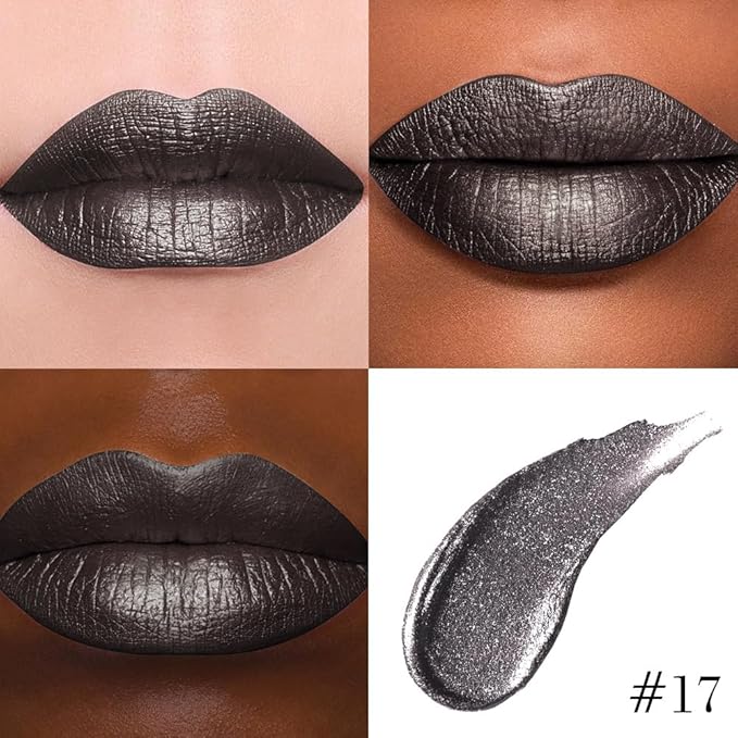 evpct Black Metallic Glitter Lip Liner and Lipstick Combo Lip Gloss Stain Set Makeup for Women Long Lasting Waterproof 24, Goth Gothic Halloween Metallic Shimmer Frosted Iridescent Liquid Lipstick 17-Velvo Beauty
