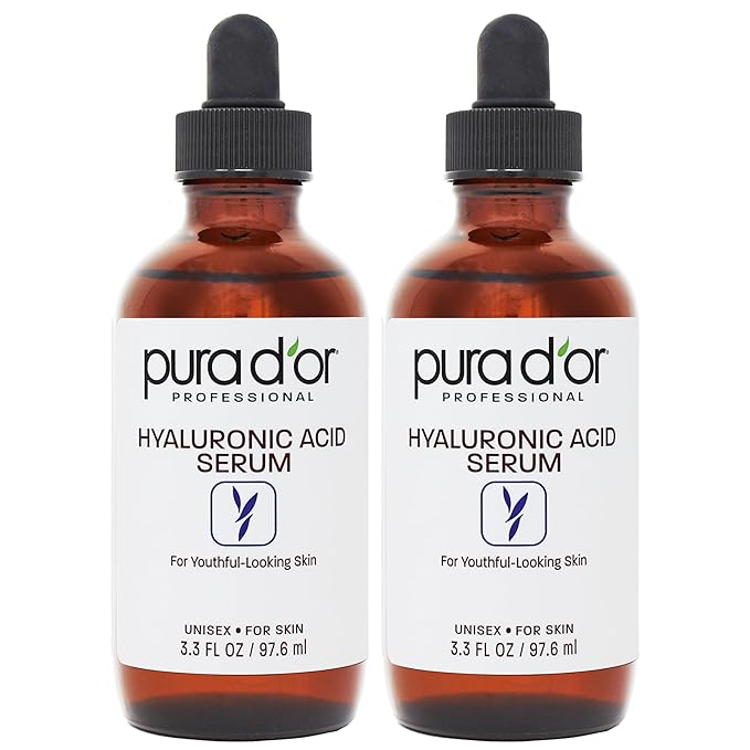 PURA D'OR Hyaluronic Acid Serum For Deep Hydration (3.3oz x2 = 6.6oz) Anti-Aging, Plumping & Moisturizing Formula For Smooth, Supple Skin - Natural Skincare Boost - Fine Lines & Wrinkle Reducer-Velvo Beauty