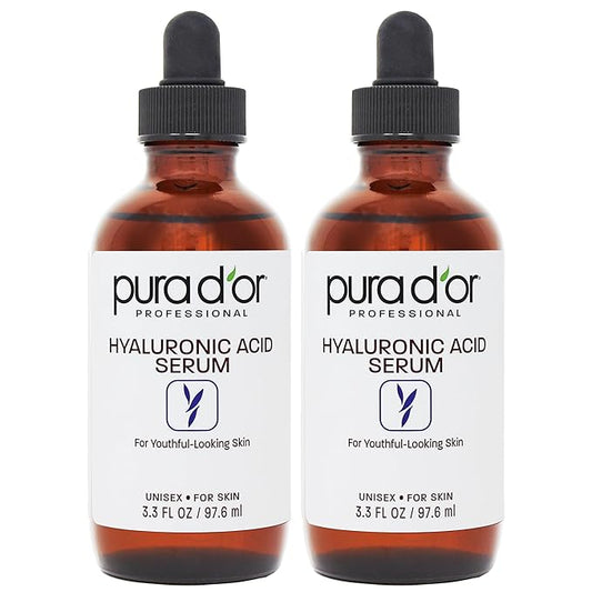 PURA D'OR Hyaluronic Acid Serum For Deep Hydration (3.3oz x2 = 6.6oz) Anti-Aging, Plumping & Moisturizing Formula For Smooth, Supple Skin - Natural Skincare Boost - Fine Lines & Wrinkle Reducer-Velvo Beauty