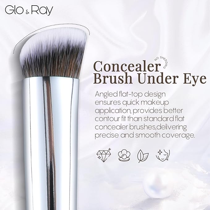 GLO&RAY Concealer Brush Under Eye - Makeup Brush Angled Flat Teardrop, Nose Contour for Powder Pro Concealing Blending for Liquid & Cream Cosmetic, Foundation Brushes Small With Dust Cover (White)-Velvo Beauty
