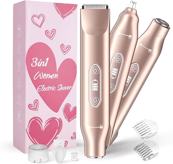 Bikini Trimmer for Women,3 in 1 Electric Razor with Ceramic Blades, IPX7 Waterproof, USB Rechargeable, Painless Hair Removal for Face,Body,Bikini Area, Travel Grooming Kit (Rose Gold)-Velvo Beauty