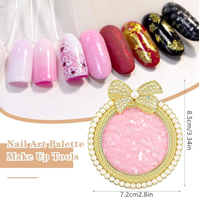 Resin Nail Art Palette, Nail Art Painting Mixed Color Palette Bow Decorated Nail Art Display Board with Pearls Nail Art Supplies Makeup Foundation Mixing Palette Manicure Tool-Velvo Beauty