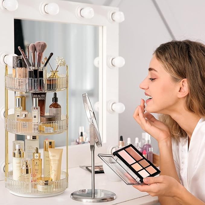 Rotating Makeup Organizer for Vanity, High-Capacity Skincare Clear Make Up Storage Perfume Organizers Cosmetic Dresser Organizer Countertop 360 Spinning (Clear, New-3 Tier)-Velvo Beauty