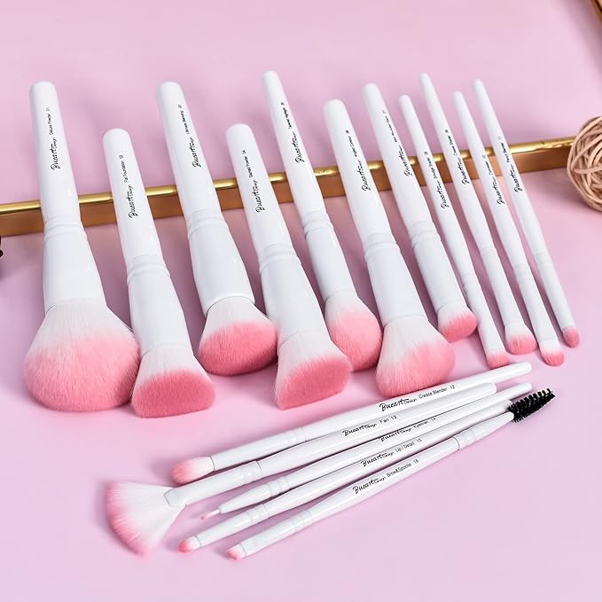 Bueart Design 16Pcs ULTRA SOFT labeled Makeup Brushes set with brush Holder face brush for Foundation Powder Blending Blush wooden Handle(16Pcs White+Pink Holder)-Velvo Beauty