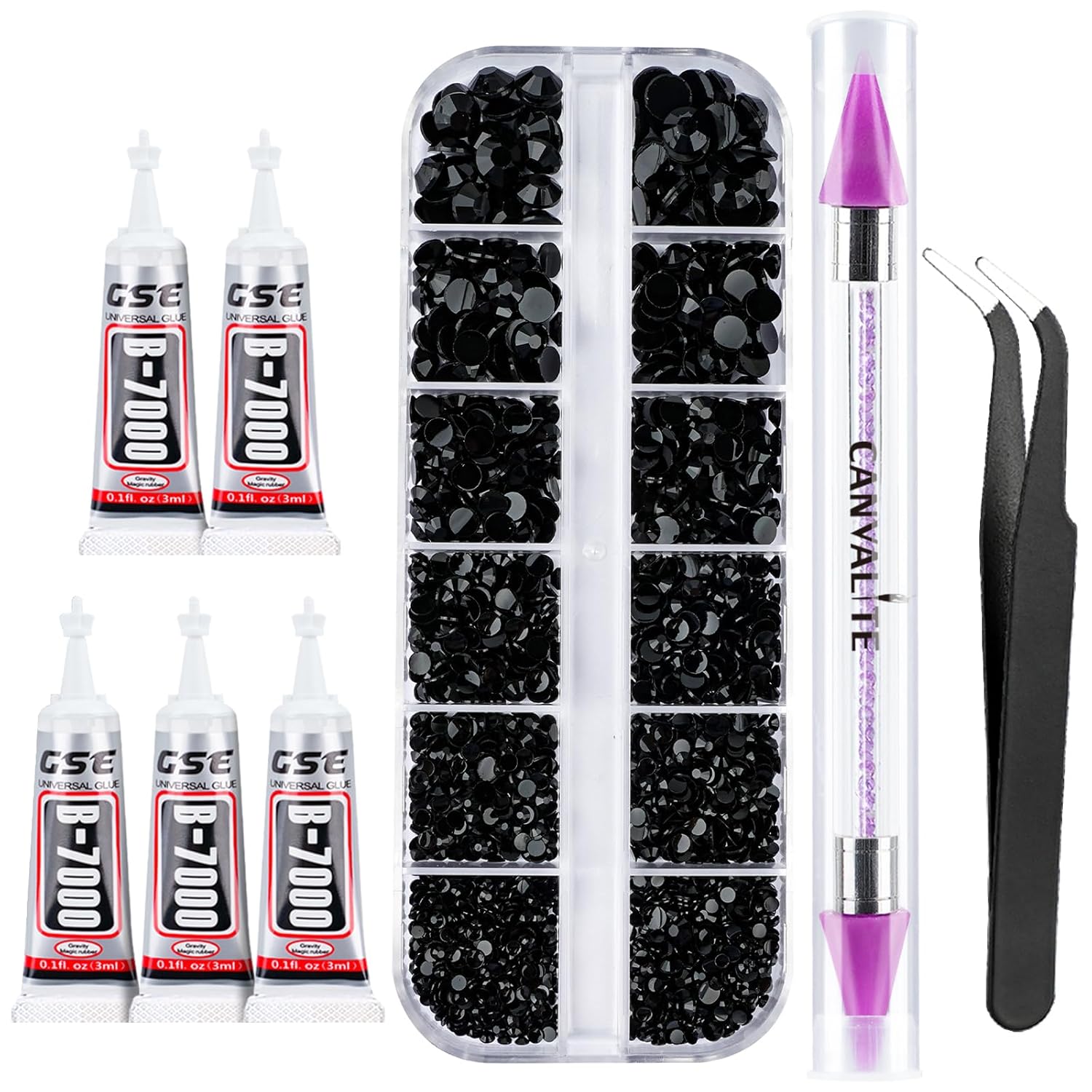 Canvalite 2784PCS Black Rhinestones Flat Back Gems, Nail Rhinestones Nail Art Gems with 5Pcs Jewelry Glues, Tweezers and Rhinestone Picker, Nail Art Tools for Nails, Clothes, Face, Crafts-Velvo Beauty