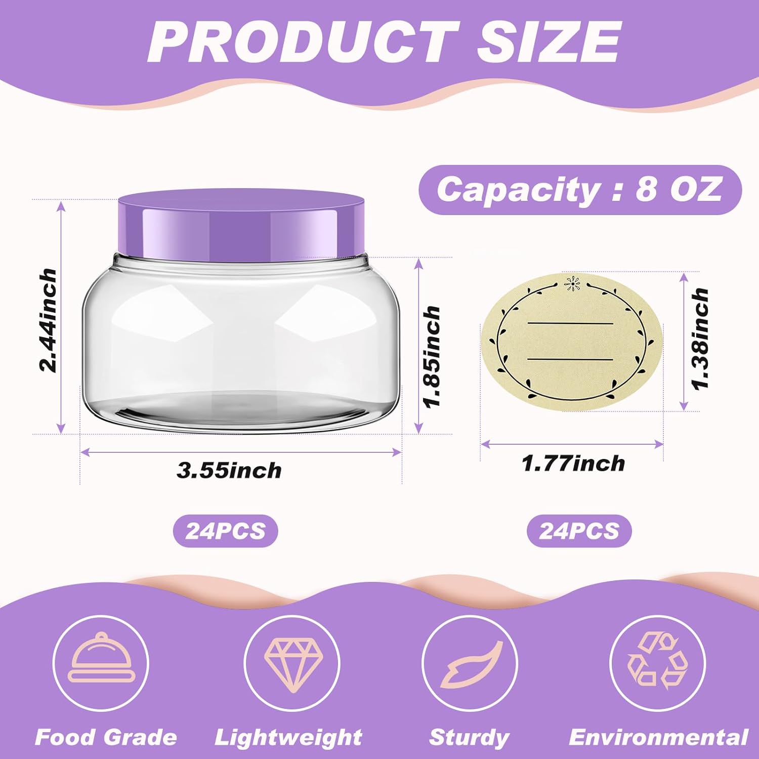 Tessco 24 Pack Plastic Jars with Lids Labels Empty Clear Plastic Jars Round Refillable Cosmetic Containers Body Butter Containers Bulk Sugar Scrub Bottle for Make Up(8 oz,Purple)-Velvo Beauty