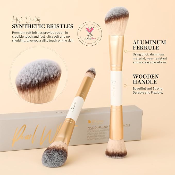 DUcare Makeup Brushes Duo End Foundation Contour Powder and Buffer Brush Bronzer Double Makeup Brush Set 2Pcs white-Velvo Beauty