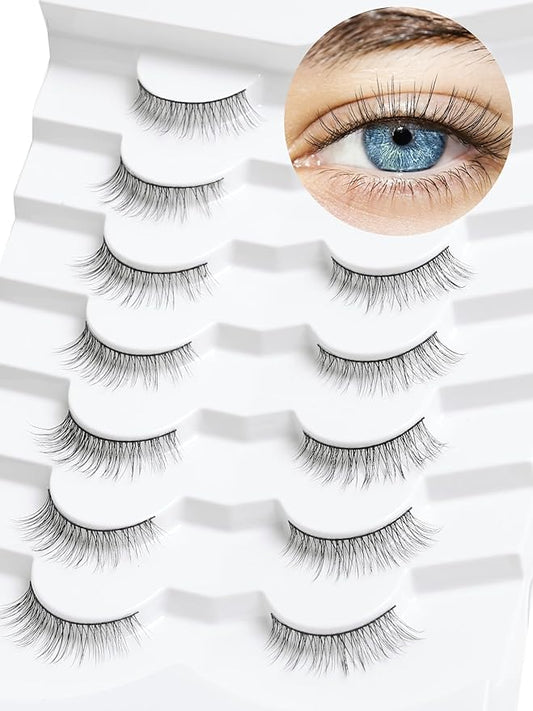 Natural Wispy Cat Eye Lashes - 3D Volume C Curl Eyelashes With Thin Band - 10mm Short Lashes - 7 Pairs-Velvo Beauty